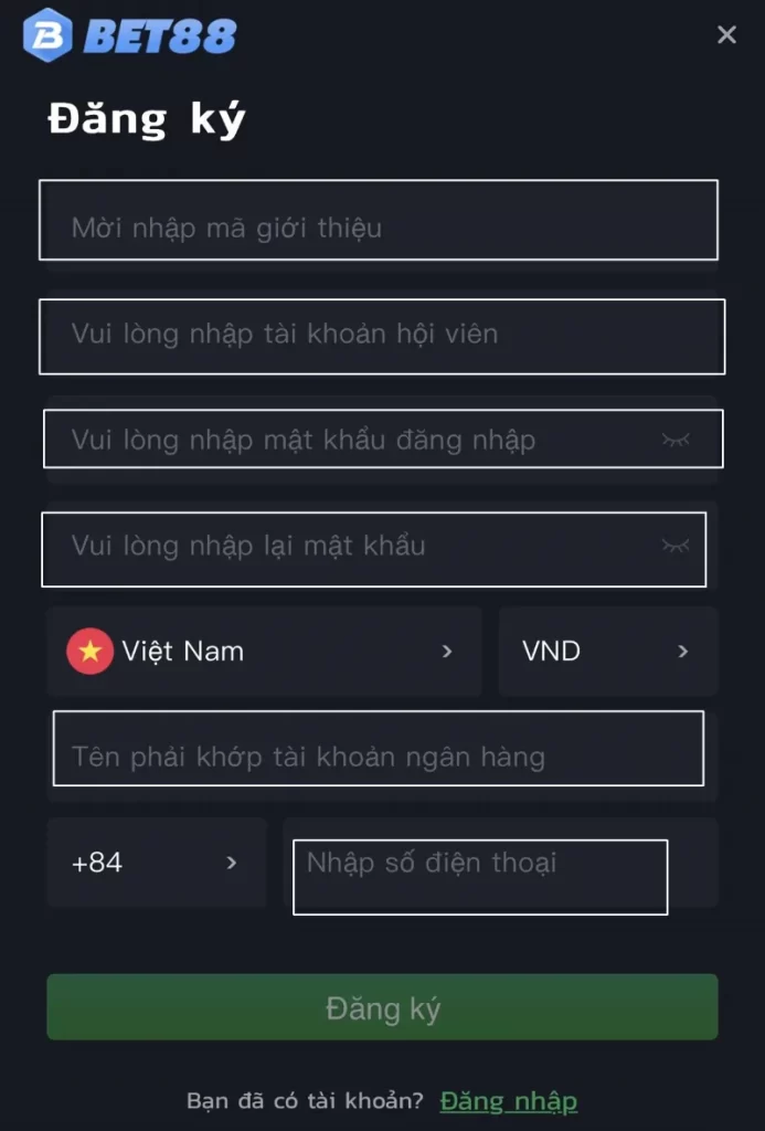 nhập thông tin đăng ký Bet88 trên mobile