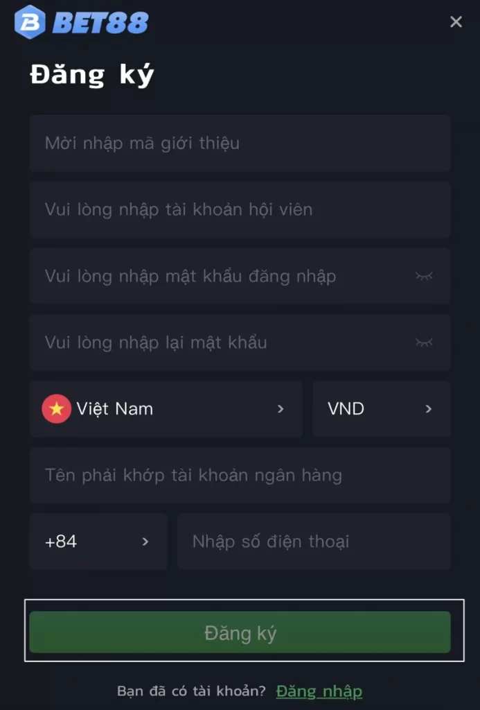 bấm đăng ký Bet88 mobile